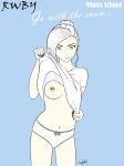 1_girl 1girl anthony_blender breast female female_only hair_bun looking_at_viewer mostly_nude nipple_piercing no_bra one_breast_out panties piercing rwby silver_hair solo standing winter_schnee