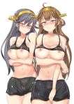  1girl 2_girls big_breasts black_hair breast_hold breasts breasts_out_of_clothes haruna_(kantai_collection) kantai_collection kongou_(kantai_collection) long_hair mamo_williams multiple_girls navel nipples simple_background white_background 