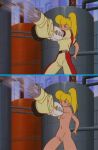 blonde blonde_female blonde_hair breasts character_request copyright_request edit holding_object long_boots megaman_(1994_tv_series) nipples nude_edit pink_nipples ponytail prosthesis prosthetic_arm pussy roll_(megaman_1994_tv_series) weapon