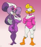  1girl 2013 anthro avian big_breasts bird breasts cleavage clothed clothing dress duck duo fifi_la_fume furry hair_bow hair_ribbon mammal mephitid ribbons shirley_the_loon skunk slb tiny_toon_adventures warner_brothers 