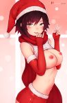  1girl 1girl areola bare_shoulders big_breasts black_hair bluefield blush breasts christmas christmas_outfit clothes_lift detached_sleeves elbow_gloves erect_nipples eyebrows_visible_through_hair fur-trimmed_sleeves fur_trim gloves gradient_hair hat high_resolution huge_breasts long_scarf micro_shorts multicolored_hair navel nipples red_gloves red_hair red_neckwear red_scarf red_shorts ribbed_sweater ruby_rose rwby santa_costume santa_hat scarf short_hair short_shorts shorts silver_eyes smile sweater sweater_lift sweater_vest v white_sweater 