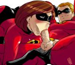  1boy 1girl bodysuit cum cum_on_face erection fellatio female gloves helen_parr male male/female male_pubic_hair mask oral oral_sex penis penis_in_mouth pubic_hair sucking_penis the_incredibles white_background 