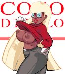  1girl big_breasts blonde_hair box_chan breasts coco_diablo dark-skinned_female dark_skin exposed_breasts female_focus female_only glasses gloves long_hair looking_at_viewer nipples scooby-doo shirt_lift trick_or_treat_scooby-doo turtleneck_sweater 