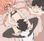  bed blush breasts glasses glasses_on_head hands_on_head hentai on_back open_mouth persona persona_5 pussy pussylicking redhead ren_amamiya sakura_futaba sex shirt_up small_breasts spread_legs stockings 