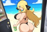 1girl ai_generated bikini curvaceous cynthia_(pokemon) dat_ass female food fridge huge_ass huge_breasts nintendo novelai pokemon pokemon_dppt solo summer voluptuous voluptuous_female