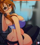  1girl arm_support ass ass_crack bangs big_ass big_breasts blush breasts brown_eyes brown_hair cleavage hair_between_eyes lara_croft large_breasts looking_at_viewer looking_back midriff open_mouth panties ponytail sitting thighhighs thighs tomb_raider tubetop 