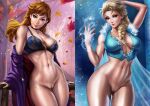  2_girls abs alluring anna_(frozen) big_breasts blonde blonde_hair blue_eyes bottomless breasts dandon_fuga disney disney_princess elsa_(frozen) female_abs female_only frozen_(movie) ginger_hair hairless_pussy hourglass_figure long_hair looking_at_viewer naked_from_the_waist_down posing princess pussy shaved_pussy sisters thick_thighs toned toned_female uncensored wide_hips 