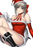  1girl absurd_res alluring bag bare_shoulders blush boots breasts cassandra_alexandra choker christmas cleavage elbow_gloves gloves green_eyes hair_ornament hat high_res kansuke looking_at_viewer santa_hat silf simple_background sitting smile soul_calibur sword voluptuous weapon white_background 