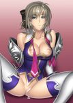 1girl after_sex alluring armor bare_shoulders big_breasts breasts cassandra_alexandra censored cleavage cum cum_drip cum_in_pussy kansuke naked_from_the_waist_down neck_tie nipple_slip nipples no_panties pink_neckwear silf silver_hair sitting soul_calibur spread_legs stockings voluptuous