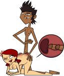 braided_hair cartoon_network dark-skinned_male hanging_breasts hourglass_figure light-skinned_female mike_(tdi) red_hair red_lipstick redhead spanked_butt spanking thick_ass thick_legs thick_thighs total_drama_island x-ray zoey_(tdi)