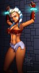  1girl ahsoka_tano alien armpit blue_eyes breasts female female_alien looking_at_viewer mostly_nude no_panties restrained solo standing star_wars star_wars:_the_clone_wars togruta torn_skirt 