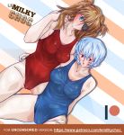  2girls anime asuka_langley_souryuu big_breasts blue_eyes blue_swimsuit breasts cameltoe clothed eye_patch lemilkychoc looking_at_viewer neon_genesis_evangelion one-piece_swimsuit orange_hair red_eyes red_swimsuit rei_ayanami 