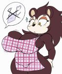  1girl 2018 animal_crossing anthro apron big_breasts breast_expansion breasts cleavage clothed clothing eulipotyphlan freckles furry hedgehog huge_breasts mammal nintendo pictographics purple_yoshi_draws sable_able short_stack sketch speech_bubble video_games 