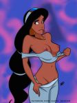  1girl aladdin_(series) alluring biting_lip black_hair breasts disney exposed_breasts japes lip_bite no_underwear partially_clothed princess_jasmine standing undressing 