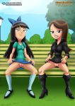  2_girls 2girls boots clothed dress dress_lift flashing looking_at_viewer multiple_girls no_panties outdoor outside palcomix phineas_and_ferb pussy sitting skirt skirt_lift stacy_hirano vanessa_doofenshmirtz 