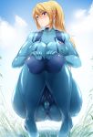  1girl ass big_ass big_breasts blonde_hair blue_eyes bodysuit breasts cameltoe crouching embarrassed erect_nipples from_below hair_between_eyes huge_ass knees_together_feet_apart large_breasts legs metroid nintendo ponytail samus_aran skin_tight squatting thick_thighs thighs wide_hips zero_suit 