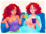  2girls big_breasts blue_eyes blue_pants blue_robe breasts cleavage cup daughter ehryel female female_only freckles gardnerverse green_pants holding_mug holding_object liz_gardner marty_gardner mature mature_woman milf mother mother_and_daughter mug multiple_girls nipples open_clothes open_robe pants purple_camisole red_hair strap_slip 