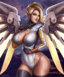  1girl angela_ziegler armor big_breasts blonde_hair blue_eyes breasts cleavage cleavage_cutout flowerxl hair_ornament large_breasts leotard mechanical_wings mercy_(overwatch) overwatch ponytail thick_thighs thighhighs thighs wings 