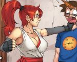 1boy 1girl afraid angry belt big_breasts breasts brown_eyes brown_hair cleavage fear femdom fight fighting ginger glasses gloves harem_heroes hentai_heroes huge_breasts kimono mittens non-nude open_mouth ponytail punch punching red_battler red_hair redhead strangling strangulation surprised t-shirt tina_reed
