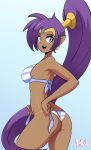  1girl 2019 ass bigdead93 bikini earrings ponytail purple_hair shantae shantae_(character) tan_line undressing wayforward 