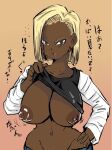 1girl android_18 beautiful_female big_breasts blonde blonde_hair dark-skinned_female dragon_ball earring female_focus female_only hand_on_hip lifting_shirt serious serious_face serious_look 