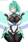 1girl alluring armor arms_up bangs big_breasts blush breasts cleavage covered_navel hair_ornament jewelry kainkout looking_at_viewer nintendo pneuma pneuma_(xenoblade) ponytail smile teal_eyes teal_hair thick_thighs thighs wide_hips xenoblade xenoblade_(series) xenoblade_chronicles_2
