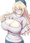  1girl atago_(kantai_collection) bangs beret big_breasts blonde_hair blush breasts cleavage cleavage_cutout glasses green_eyes hair_between_eyes hat huge_breasts kantai_collection long_hair meme_attire open-chest_sweater ribbed_sweater smile sweater turtleneck 