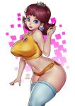 1girl ass bare_shoulders big_ass big_breasts blue_eyes bokuman breasts brown_hair crown earrings flower huge_breasts leaning_forward looking_at_viewer navel nintendo open_mouth princess_daisy short_shorts shorts skindentation sports_bra super_mario_bros. thighs