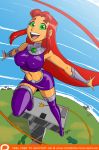  1girl 2018 aeolus auburn_hair beautiful belly beltskirt big_breasts boots breasts covered_breasts covered_nipples day daytime dc dc_comics dcau eyebrows eyelashes female female_only footwear gauntlets green_eyes happy hips humanoid knee_boots legs legwear lips long_hair looking_at_viewer navel open_mouth open_smile orange_skin outside pretty purple_boots purple_legwear purple_skirt shoes skirt sky solo starfire teen_titans thick_thighs thighs very_long_hair water 