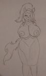 1girl big_breasts blep breasts breasts_bigger_than_head breasts_out breasts_outside closed_eyes dress ears ears_up fur furry grin hair hairband large_breasts nipples smile tail tongue tongue_out traditional_art traditional_media traditional_media_(artwork)