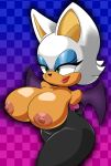  1girl anthro arched_back areola ass bat_wings bodysuit breasts checkered_background chiropteran clothed clothing exposed_breasts eyeshadow female female_only furry gradient_background green_eyes hands_behind_back huge_breasts large_breasts lipstick makeup mammal membranous_wings nipples parumpi pattern_background rouge_the_bat rubber sega simple_background skinsuit solo sonic_(series) tight_clothing wings 