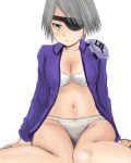  1girl bra breasts eyepatch final_fantasy final_fantasy_viii fuujin_(final_fantasy_viii) gray_hair green_eyes grey_hair lingerie lips lobotomy_lab navel nullhachi open_clothes panties short_hair silver_hair sitting solo thighs underwear white_background white_bra white_panties 