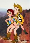 1boy 1girl areola areolae artist_name beerman boots bottomless braid breasts brown_eyes brown_hair cowboy_boots disney female female_pubic_hair footwear functionally_nude functionally_nude_female green_eyes jessie jessie_(toy_story) male male/female medium_breasts nipples no_bra no_hat no_headwear no_panties no_underwear nude nude_female penetration penis pixar pubic_hair pussy shoes smile spread_legs thighs toy_story vaginal vaginal_penetration vaginal_sex woody_pride
