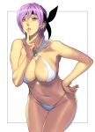  1girl alluring ayane ayane_(doa) bare_shoulders big_breasts bikini bikini_bottom bikini_top breasts dead_or_alive finger_to_mouth hand_on_hip hips homare_(fool&#039;s_art) large_breasts leaning_forward legs looking_at_viewer navel purple_eyes purple_hair short_hair simple_background swimsuit tecmo thighs voluptuous white_bikini 