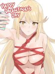 1girl alluring bangs bare_shoulders big_breasts blonde_hair blush breasts cleavage covered_nipples holding holding_phone j@ck long_hair looking_at_viewer mythra naked_ribbon nintendo nude phone ribbon selfie selfpic simple_background swept_bangs valentine&#039;s_day xenoblade xenoblade_(series) xenoblade_chronicles_2 yellow_eyes
