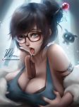 1girl black_hair breast_grab breasts glasses grabbing huge_breasts mei_(overwatch) mumeaw nipples_visible_through_clothing overwatch short_hair signature suggestive tongue_out