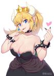  1girl bare_shoulders big_breasts black_dress blue_eyes bowsette breasts choker cleavage collar crown dress earrings finger_to_mouth horns large_breasts long_hair looking_at_viewer nail_polish new_super_mario_bros._u_deluxe open_mouth pointy_ears ponytail smile spiked_bracelet spiked_collar super_mario_bros. 