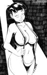  1girl 2019 aged_up asian barely_clothed big_breasts black_hair blush cartoon_network closed_eyes codename:_kids_next_door dated erect_nipples kuki_sanban long_hair looking_at_viewer monochrome navel signature simple_background sketch sling_bikini smile tiquitoc wide_hips 
