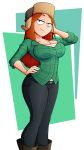  1girl bedroom_eyes big_breasts boots breasts cleavage female female_only freckles gravity_falls green_shirt hand_on_head hand_on_hip hat jeans large_breasts light-skinned_female light_skin looking_at_viewer ravenravenraven red_hair smile solo wendy_corduroy wide_hips 
