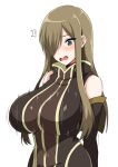  1girl arms_behind_back bare_shoulders big_breasts black_dress blue_eyes blush bouncing_breasts breasts brown_hair covered_navel detached_sleeves dress embarrassed hair_over_one_eye large_breasts long_hair looking_down motion_lines open_mouth sidelocks simple_background skin_tight tales_of_(series) tales_of_the_abyss tear_grants 