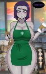 1girl apron blush breasts cleavage dc_comics drunkavocado female_only green_apron huge_breasts iced_latte_with_breast_milk looking_at_viewer meme naked_apron raven_(dc) speech_bubble starbucks starbucks_breastmilk_meme teen_titans text thick_thighs wide_hips 