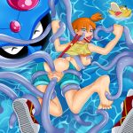  1girl anal anal_penetration ass double_penetration female female_human human/pokemon interspecies kasumi_(pokemon) looking_back misty no_bra no_panties orange_hair partially_clothed pokemon psyduck scorchingnova sex shorts shorts_down sideboob suspended_in_midair tentacle tentacle_sex tentacruel vaginal vaginal_penetration 