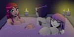  3girls :) :d ass bath bathroom candle cute dat_ass dc dc_comics female female_only jinx looking_at_viewer looking_back nude pointing pool raven_(dc) ravenravenraven smile starfire teen_titans 
