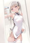  female_only holding_phone looking_at_viewer no_panties partially_visible_vulva posing pulled_by_self purple_eyes self_shot silver_hair small_breasts twin_tails uncensored white_legwear 