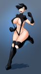  1girl black_gloves black_hair black_legwear black_lipstick blue_eyes breasts cleavage full_body gloves glowing_eyes huge_breasts leg_up lipstick majestic navel nipple_bulge open_mouth revealing_clothes short_hair smile society_of_virtue thighs under_boob wide_hips 