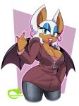  1girl animal_ears anthro bat_wings blue_eyes blue_nipples breasts cleavage earrings furry hand_on_hip hoodie jeans jewelry large_breasts lipstick long_sleeves looking_at_viewer makeup mascara nail_polish omegasunburst painted_nails parted_lips rouge_the_bat sega smile wings 
