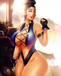 1girl alluring bare_shoulders big_breasts black_hair breasts brown_eyes cleavage clothing_cutout curvy edenian female_abs female_focus fingerless_gloves gloves hair_bun high_res hot jassycoco kitana leotard lips lipstick looking_at_viewer makeup midway mortal_kombat mortal_kombat_4 mortal_kombat_armageddon mortal_kombat_deadly_alliance mortal_kombat_deception mortal_kombat_ii nail_polish navel navel_cutout parted_lips sexy standing tagme thick_thighs thighs ultimate_mortal_kombat_3 voluptuous wide_hips