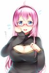  1girl bespectacled blue_eyes blue_nails breasts cleavage cleavage_cutout flying_sweatdrops glasses large_breasts long_hair long_sleeves looking_at_viewer megurine_luka nail_polish open-chest_sweater open_mouth pink_hair red-framed_glasses simple_background sweatdrop sweater turtleneck upper_body very_long_hair vocaloid white_background 