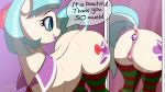  1girl anal_plug ass coco_pommel cutie_mark earth_pony english_text female female_only friendship_is_magic indoors looking_back looking_in_mirror mercurial64 mirror mostly_nude my_little_pony no_panties pony presenting_ass pussy reflection solo speech_bubble standing stockings striped_stockings tail 
