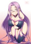  1girl breasts cleavage cleavage_cutout collar dress fate/zero fate_(series) glasses kneel large_breasts legs long_hair purple_eyes purple_hair rider smile thighhighs thighs very_long_hair wide_hips zanku 